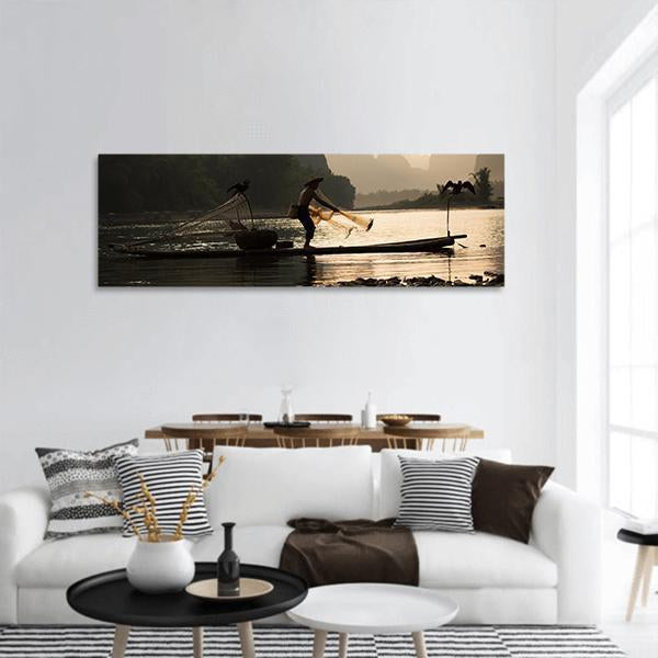 Senior Adult Fishing In Guilin China Panoramic Canvas Wall Art-3 Piece-25" x 08"-Tiaracle