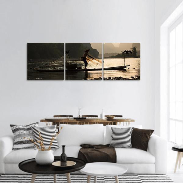 Senior Adult Fishing In Guilin China Panoramic Canvas Wall Art-3 Piece-25" x 08"-Tiaracle