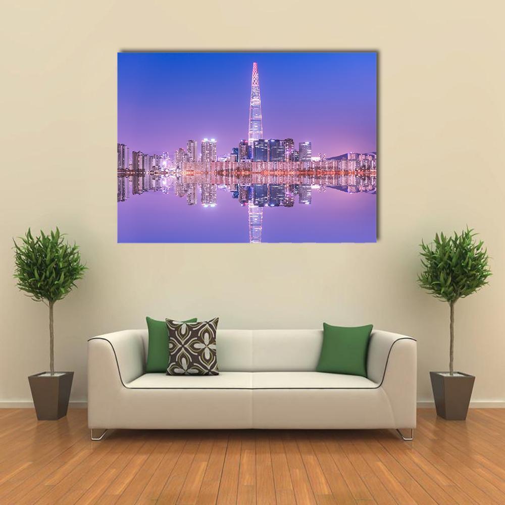 Seoul Skyline at Night Canvas Wall Art in blue and purple, single panel hung on a wall