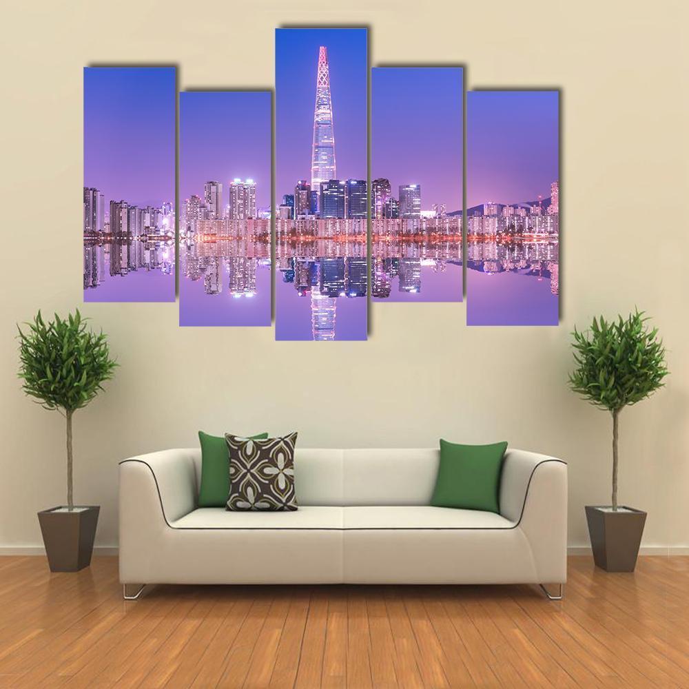 Seoul City At Night Canvas Wall Art-5 Pop-Gallery Wrap-47" x 32"-Tiaracle