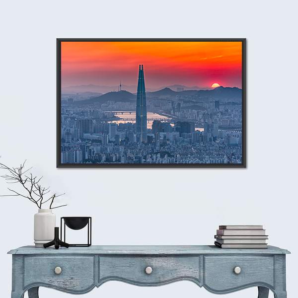 Seoul Skyline at Sunset Canvas Wall Art in orange, blue and pink, framed canvas, product view on a white background