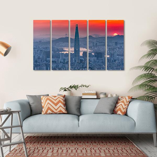 Seoul City Skyline At Sunset Canvas Wall Art-5 Horizontal-Gallery Wrap-22" x 12"-Tiaracle