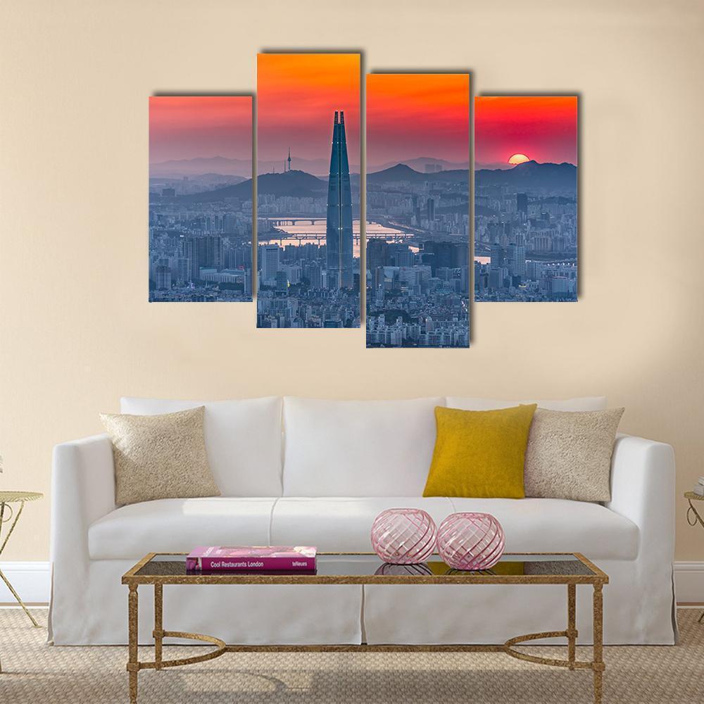 Seoul City Skyline At Sunset Canvas Wall Art-4 Pop-Gallery Wrap-50" x 32"-Tiaracle
