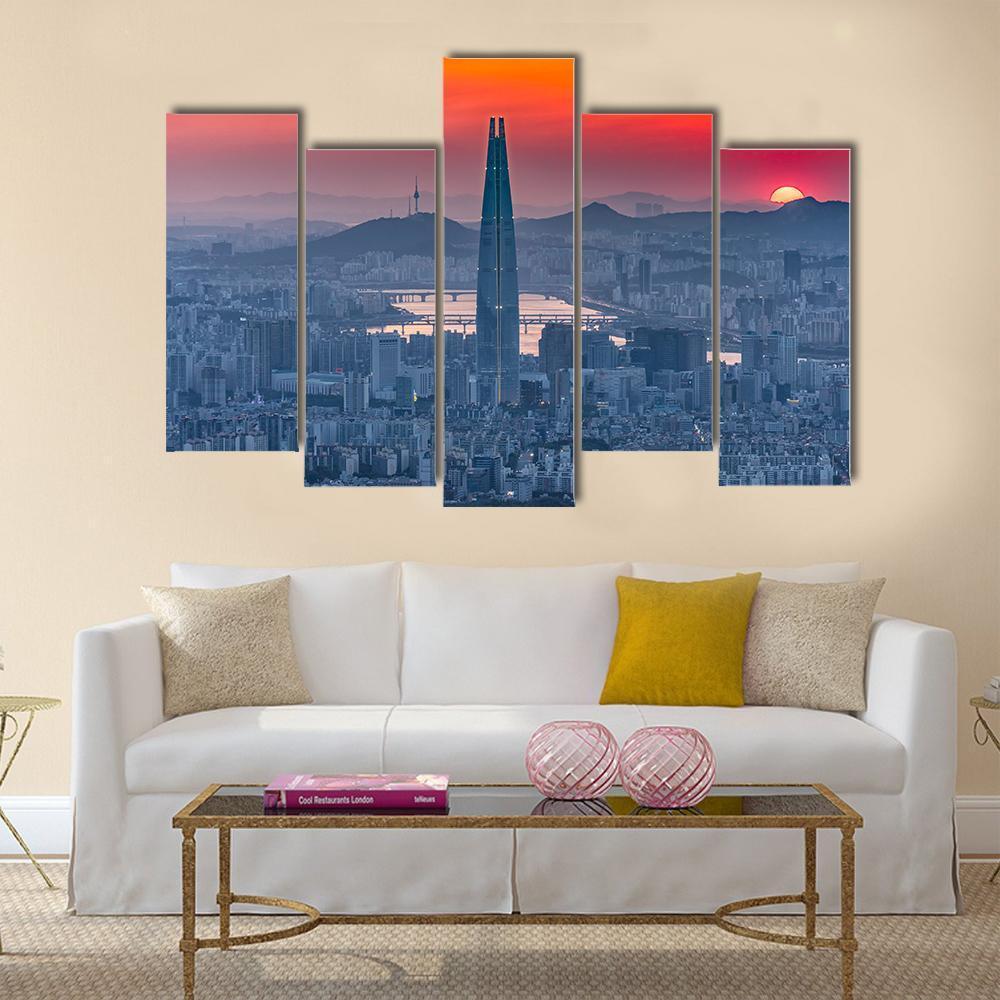 Seoul City Skyline At Sunset Canvas Wall Art-5 Pop-Gallery Wrap-47" x 32"-Tiaracle