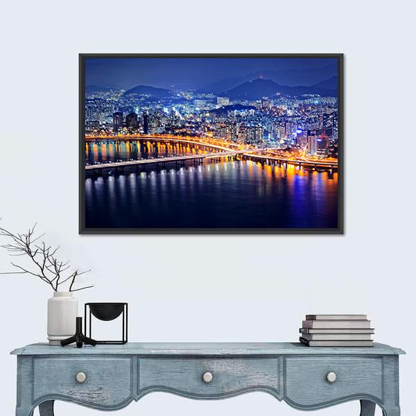 Seoul Tower And Downtown Skyline At Night Canvas Wall Art-1 Piece-Floating Frame-24" x 16"-Tiaracle