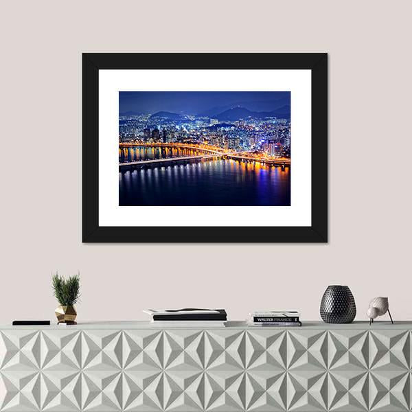 Seoul Tower And Downtown Skyline At Night Canvas Wall Art-1 Piece-Framed Print-20" x 16"-Tiaracle