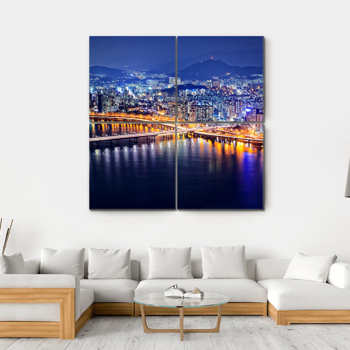 Seoul Tower And Downtown Skyline At Night Canvas Wall Art-4 Square-Gallery Wrap-17" x 17"-Tiaracle