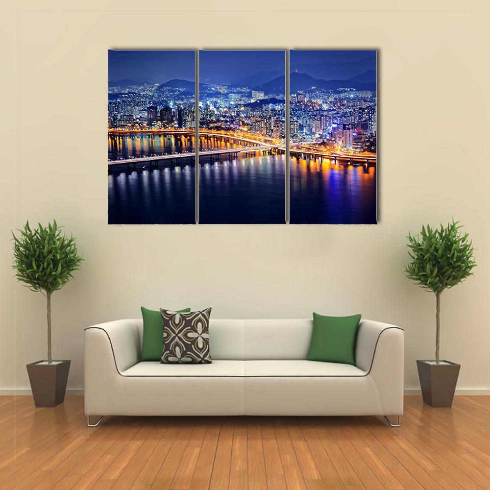Seoul Tower And Downtown Skyline At Night Canvas Wall Art-3 Horizontal-Gallery Wrap-37" x 24"-Tiaracle