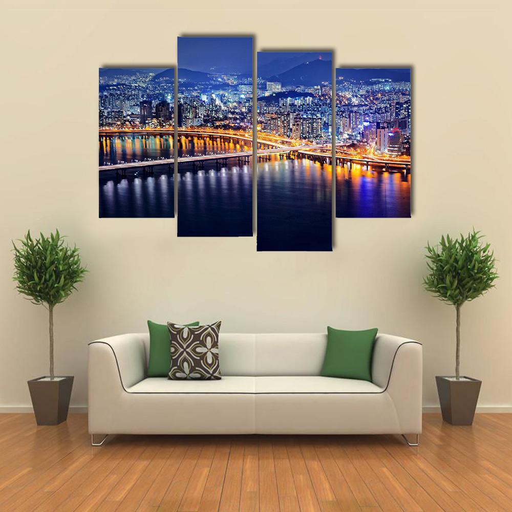 Seoul Tower And Downtown Skyline At Night Canvas Wall Art-4 Pop-Gallery Wrap-50" x 32"-Tiaracle