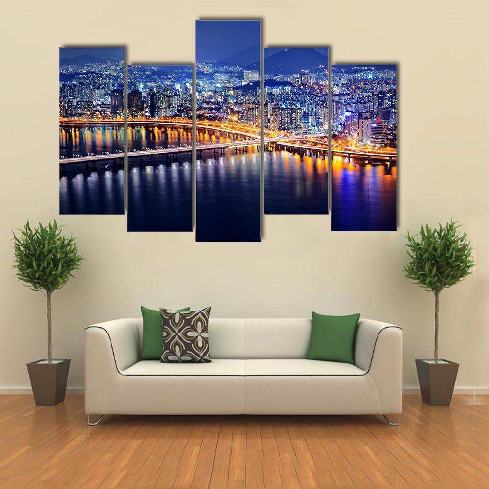 Seoul Tower And Downtown Skyline At Night Canvas Wall Art-5 Pop-Gallery Wrap-47" x 32"-Tiaracle