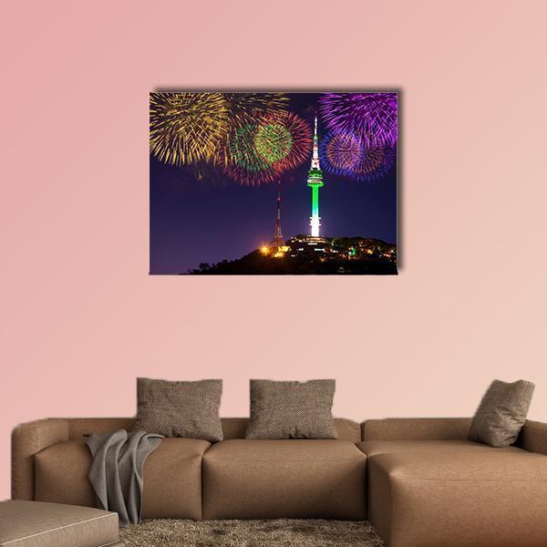 Seoul Tower with Fireworks Canvas Wall Art in black, yellow and purple, single panel hung on a wall