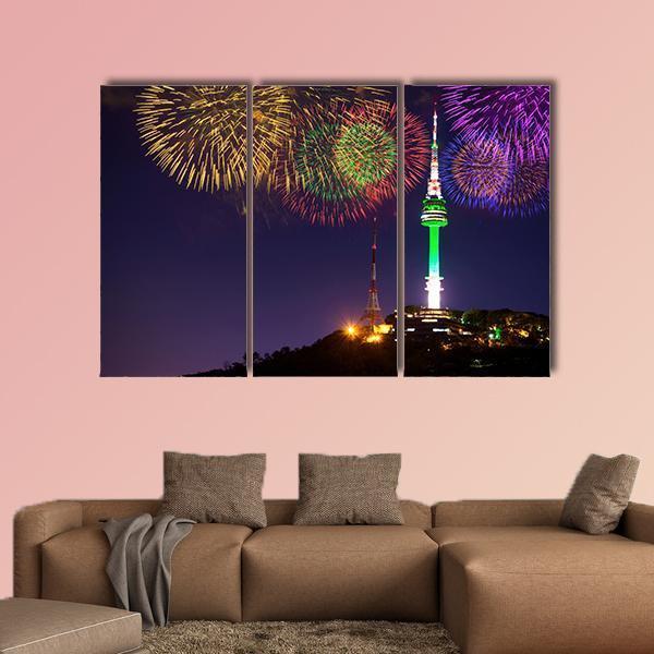 Seoul Tower And Firework In Korea Canvas Wall Art-3 Horizontal-Gallery Wrap-25" x 16"-Tiaracle