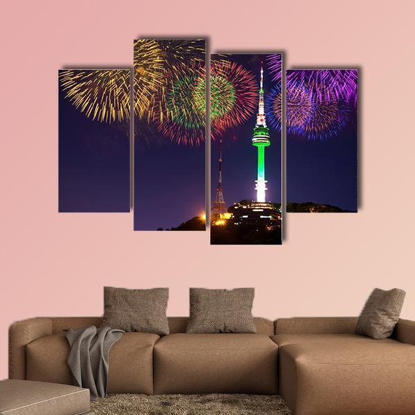 Seoul Tower And Firework In Korea Canvas Wall Art-4 Pop-Gallery Wrap-50" x 32"-Tiaracle