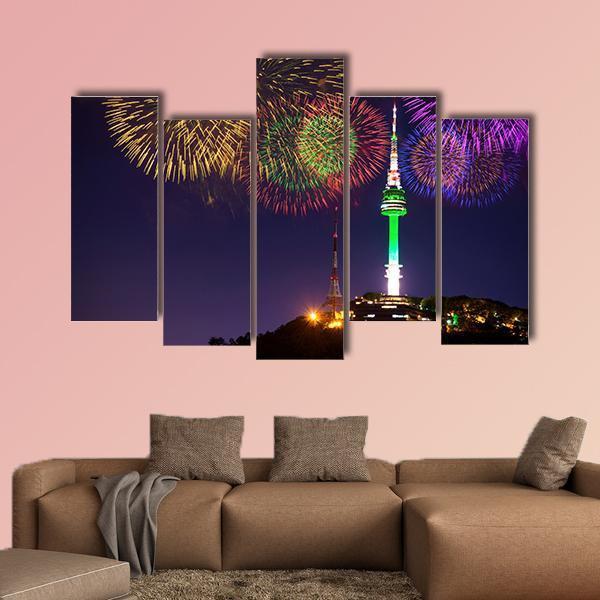 Seoul Tower And Firework In Korea Canvas Wall Art-5 Pop-Gallery Wrap-47" x 32"-Tiaracle