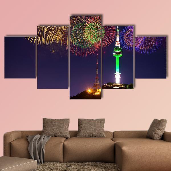 Seoul Tower And Firework In Korea Canvas Wall Art-5 Star-Gallery Wrap-62" x 32"-Tiaracle