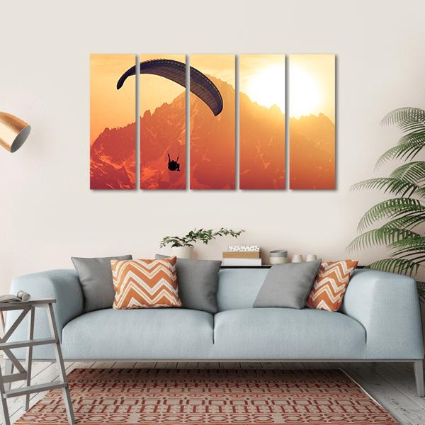 Sepia Paraglide Silhouette Over Alps Peaks Canvas Wall Art-5 Horizontal-Gallery Wrap-22&quot; x 12&quot;-Tiaracle