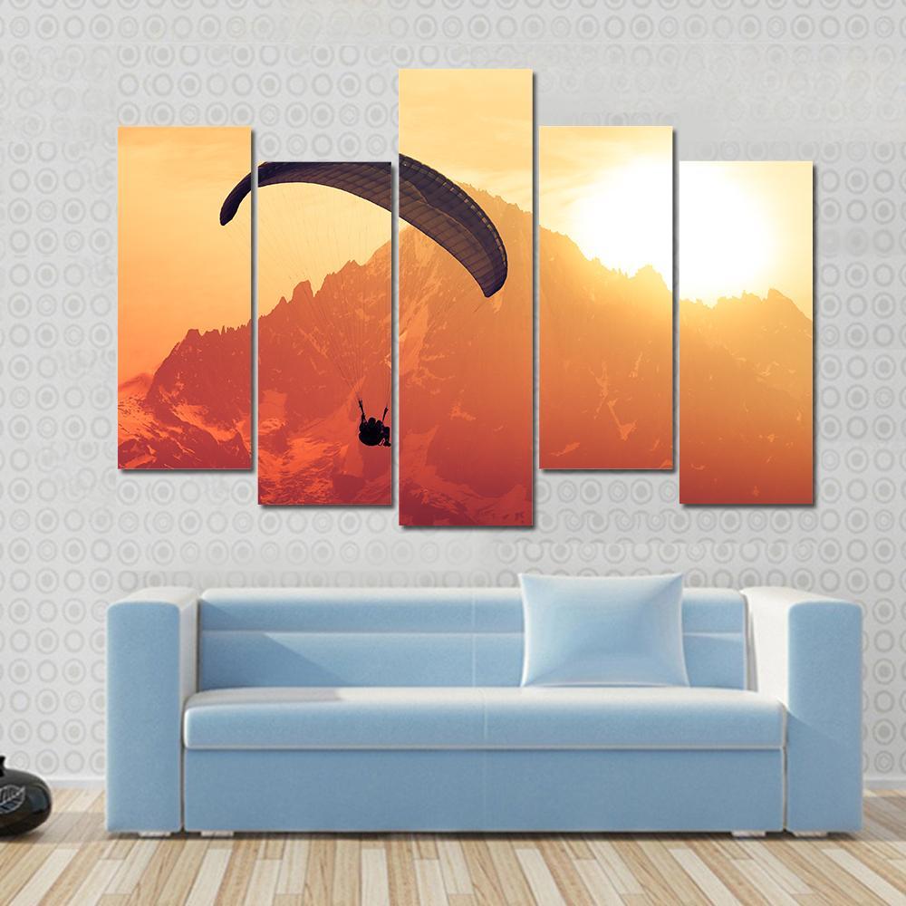 Sepia Paraglide Silhouette Over Alps Peaks Canvas Wall Art-1 Piece-Gallery Wrap-48" x 32"-Tiaracle