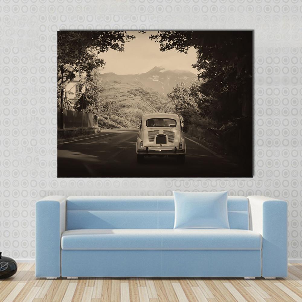 Sepia Vintage Car Journey in Mountains Canvas Wall Art in black, beige and brown, single panel hung on a wall