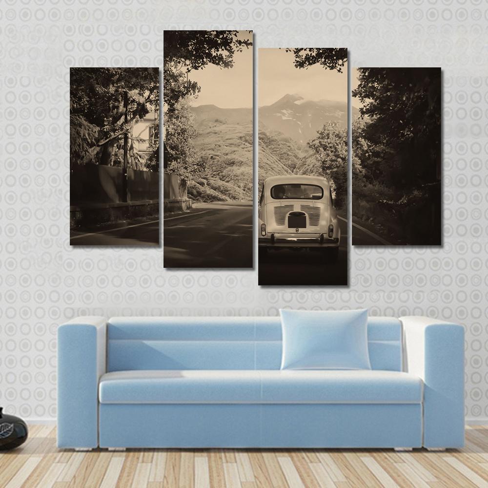 Sepia Photo Of A Retro car Going To Mountains Canvas Wall Art-4 Pop-Gallery Wrap-50" x 32"-Tiaracle