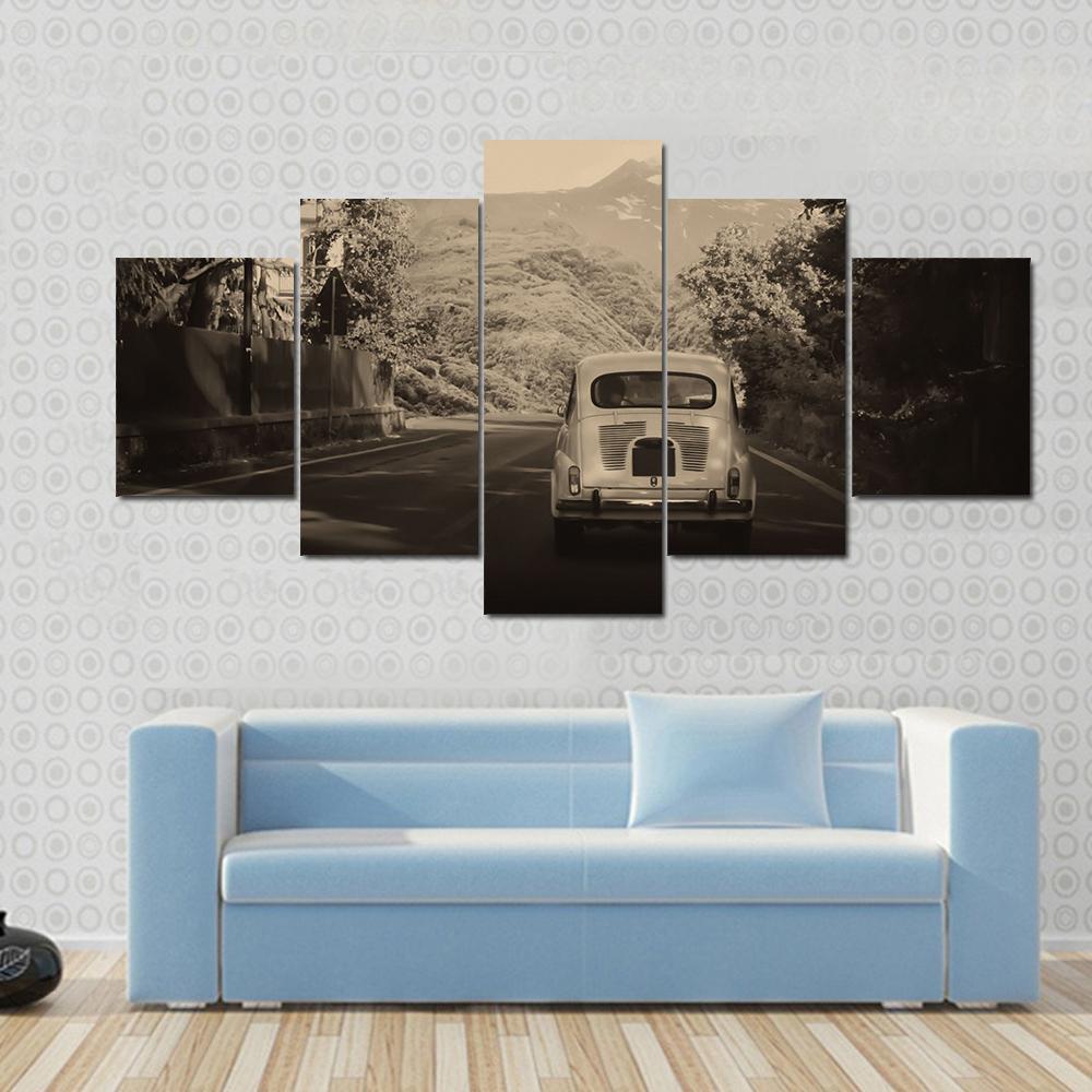 Sepia Photo Of A Retro car Going To Mountains Canvas Wall Art-4 Pop-Gallery Wrap-50" x 32"-Tiaracle