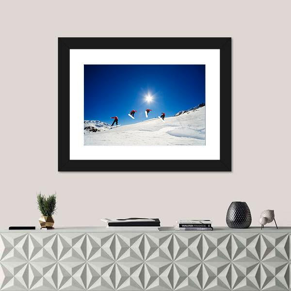 Sequence Shot Of Snowboarder Going Over Jump Canvas Wall Art-1 Piece-Framed Print-20&quot; x 16&quot;-Tiaracle