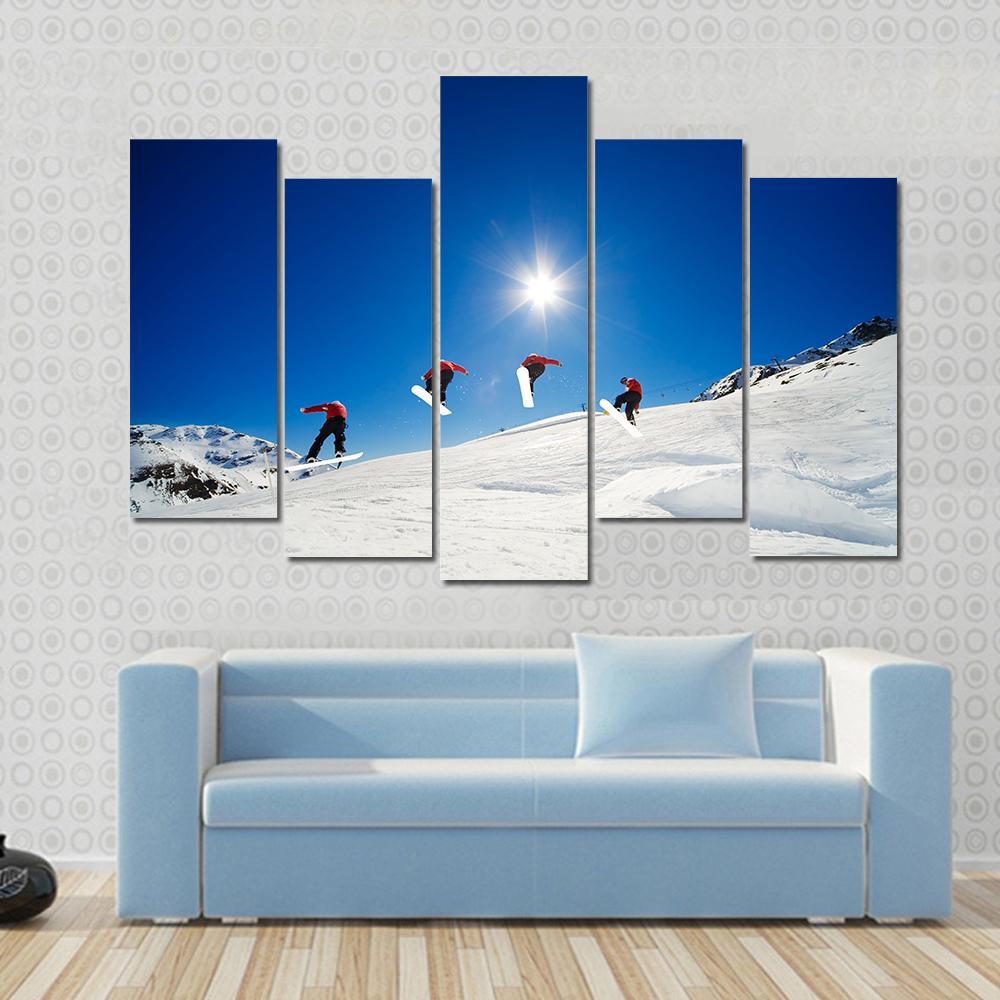 Sequence Shot Of Snowboarder Going Over Jump Canvas Wall Art-5 Pop-Gallery Wrap-47&quot; x 32&quot;-Tiaracle