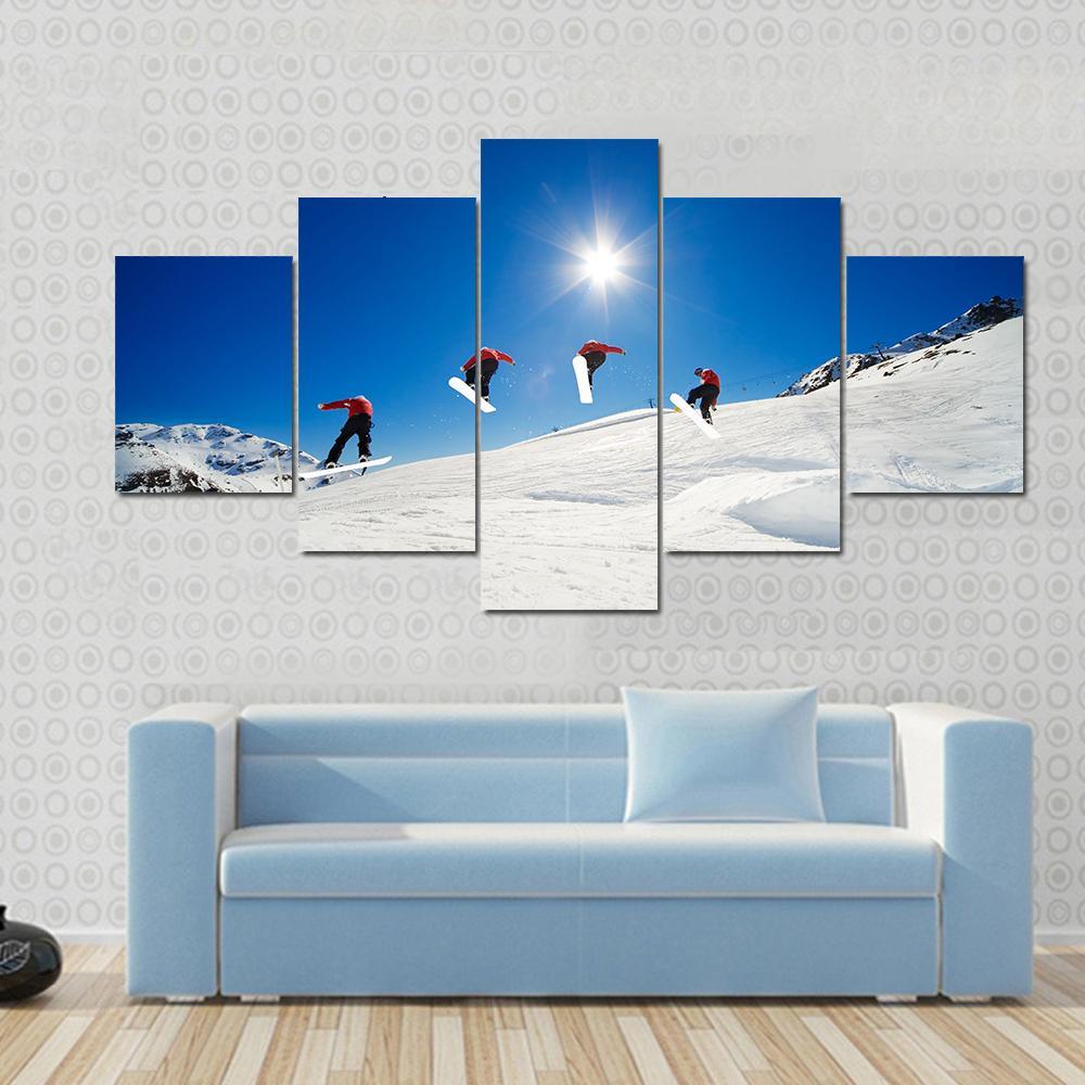 Sequence Shot Of Snowboarder Going Over Jump Canvas Wall Art-5 Star-Gallery Wrap-62&quot; x 32&quot;-Tiaracle