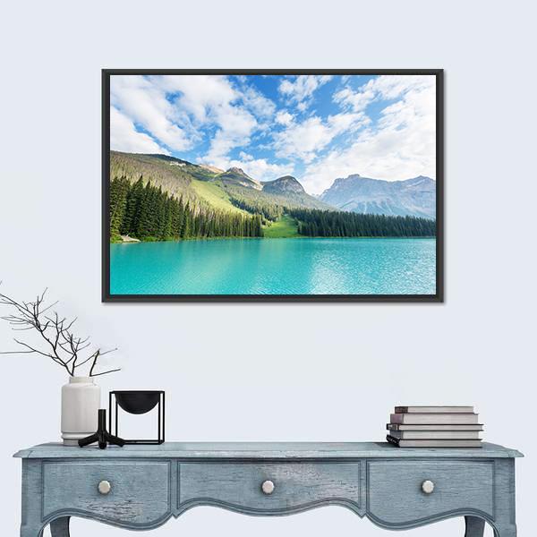Serenity Emerald Lake In Canada Canvas Wall Art-1 Piece-Floating Frame-24" x 16"-Tiaracle