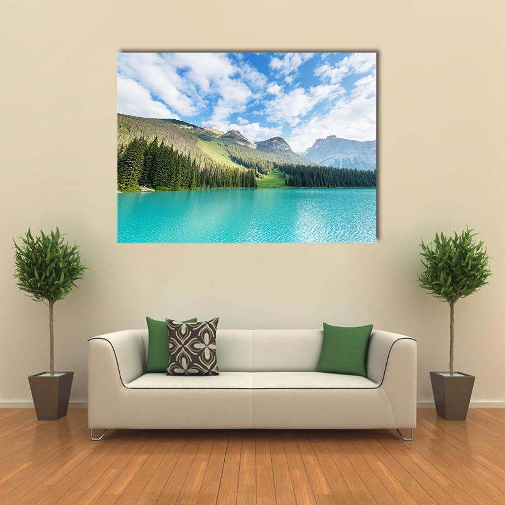 Emerald Lake Serenity Canvas Wall Art in white, green and blue, single panel hung on a wall