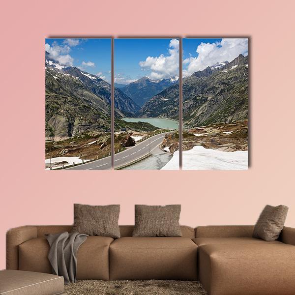 Serpentine Road In Swiss Alps Canvas Wall Art-5 Star-Gallery Wrap-62" x 32"-Tiaracle