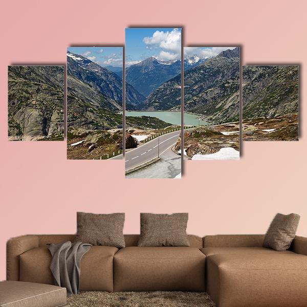 Serpentine Road In Swiss Alps Canvas Wall Art-5 Star-Gallery Wrap-62" x 32"-Tiaracle