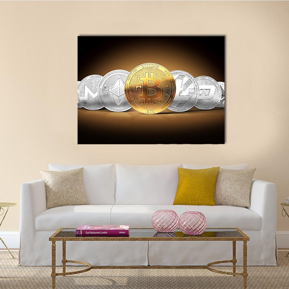 Bitcoin and Altcoin Coins Canvas Wall Art in black, gold and silver, single panel hung on a wall