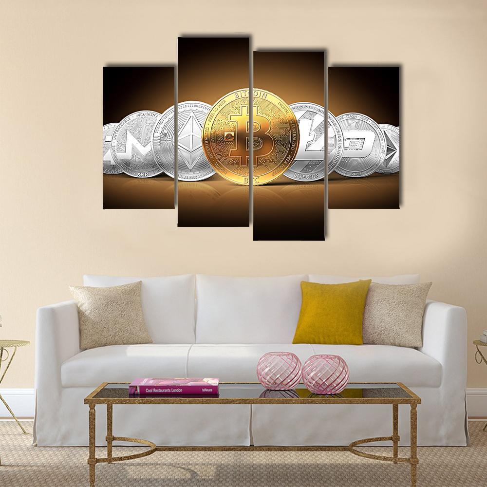 Set Of Cryptocurrencies Canvas Wall Art-4 Pop-Gallery Wrap-50" x 32"-Tiaracle