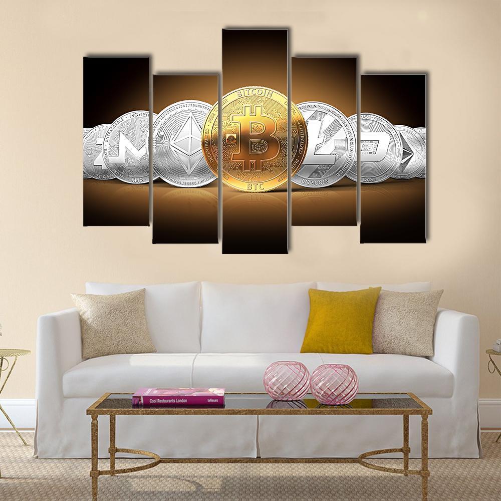 Set Of Cryptocurrencies Canvas Wall Art-5 Pop-Gallery Wrap-47" x 32"-Tiaracle