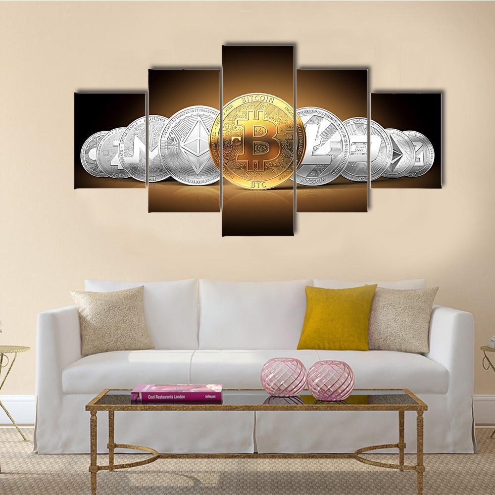 Set Of Cryptocurrencies Canvas Wall Art-5 Star-Gallery Wrap-62" x 32"-Tiaracle