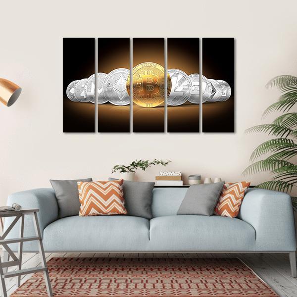 Set Of Cryptocurrencies Canvas Wall Art-5 Horizontal-Gallery Wrap-22" x 12"-Tiaracle