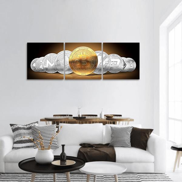 Gold Bitcoin with Ethereum and Litecoin Panoramic Canvas Wall Art in black, gold and silver, single panel hung on a wall