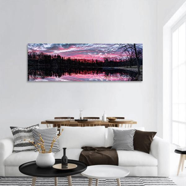Setting Sun On Small Indiana Pond Panoramic Canvas Wall Art-1 Piece-36" x 12"-Tiaracle