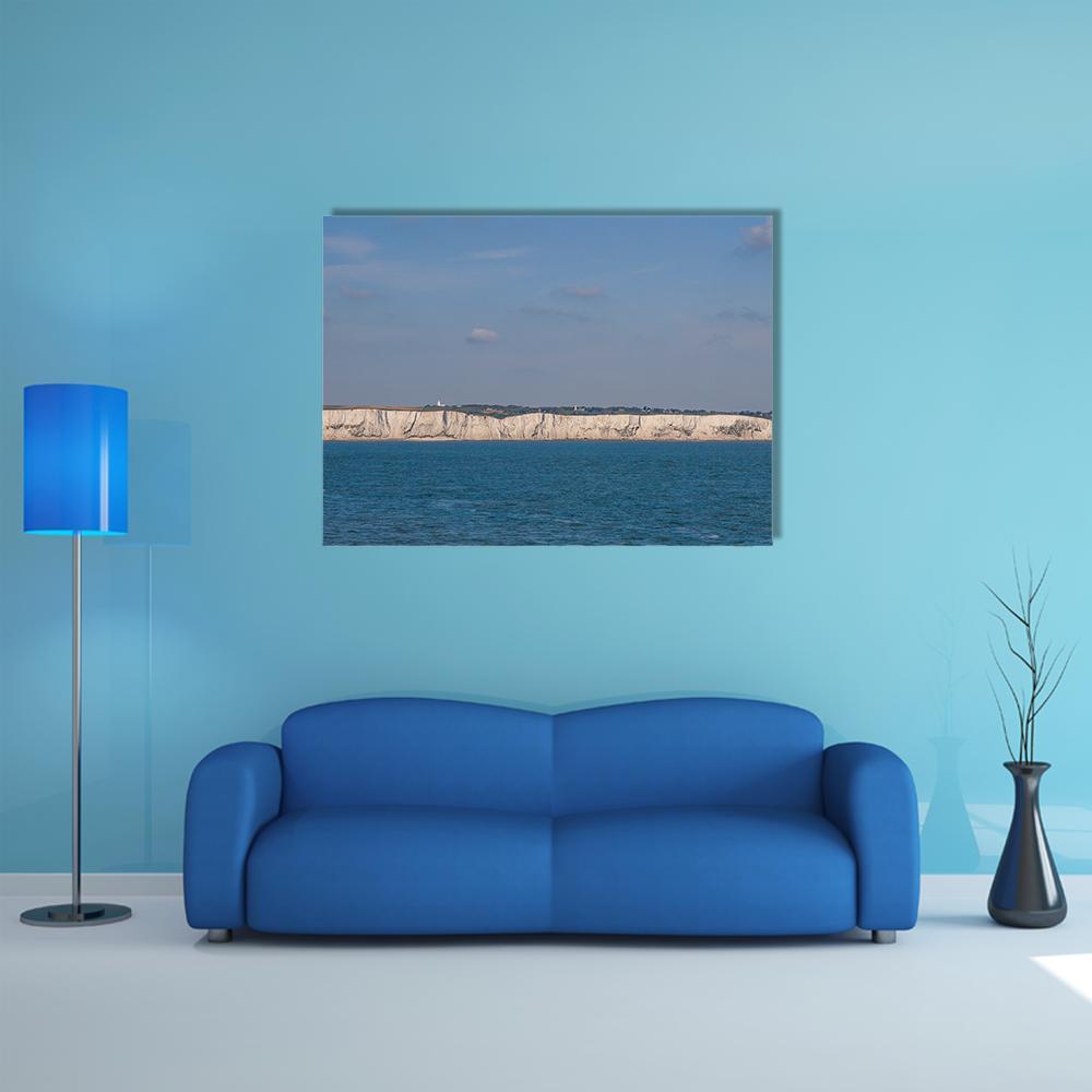 Seven Sisters Chalk Cliffs Canvas Wall Art in white and blue, single panel hung on a wall
