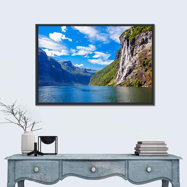 Seven Sisters Waterfall In Norway Canvas Wall Art-1 Piece-Floating Frame-24" x 16"-Tiaracle