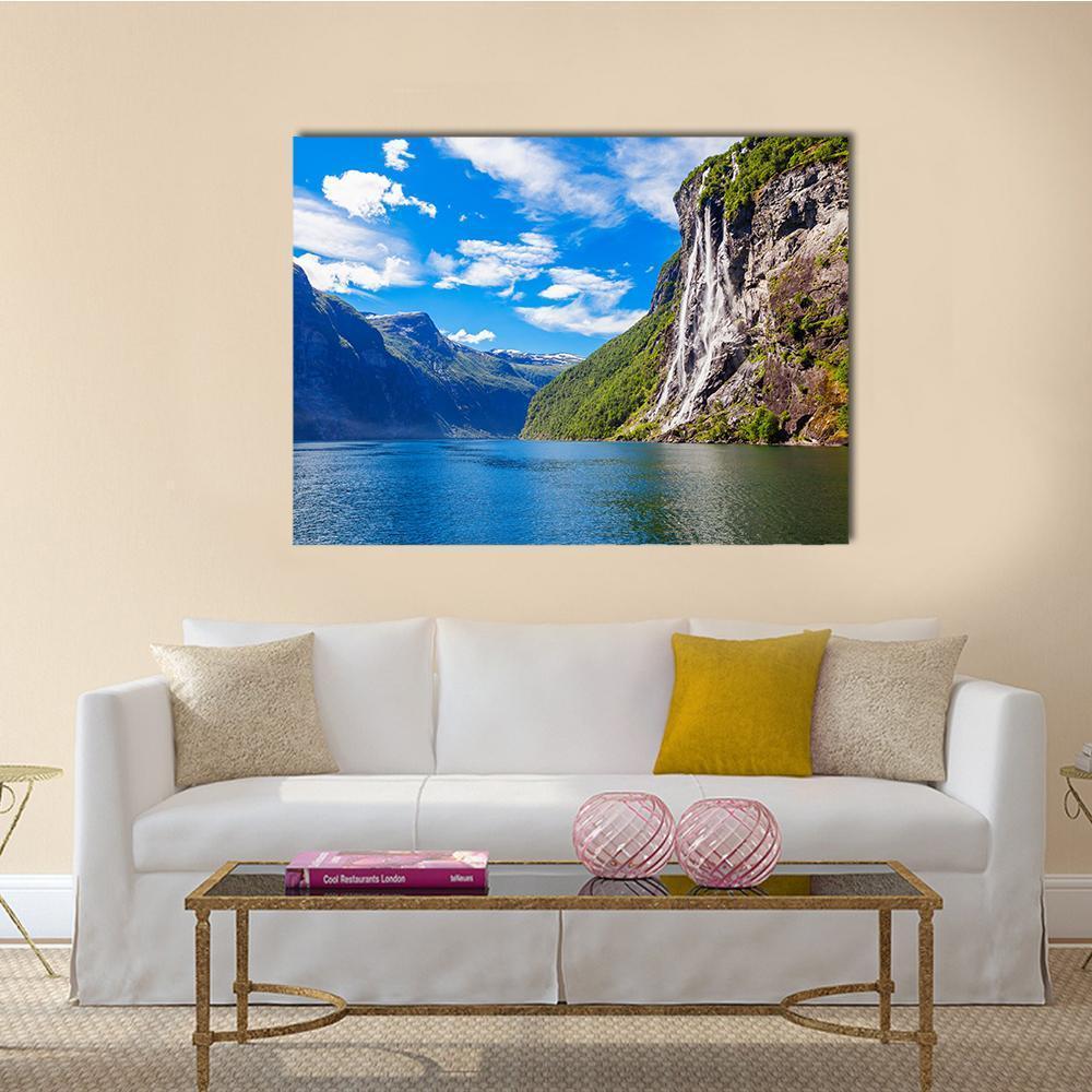 Seven Sisters Waterfall in Norway Canvas Wall Art in gray, green and blue, single panel hung on a wall