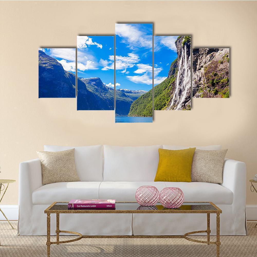 Seven Sisters Waterfall In Norway Canvas Wall Art-5 Star-Gallery Wrap-62" x 32"-Tiaracle