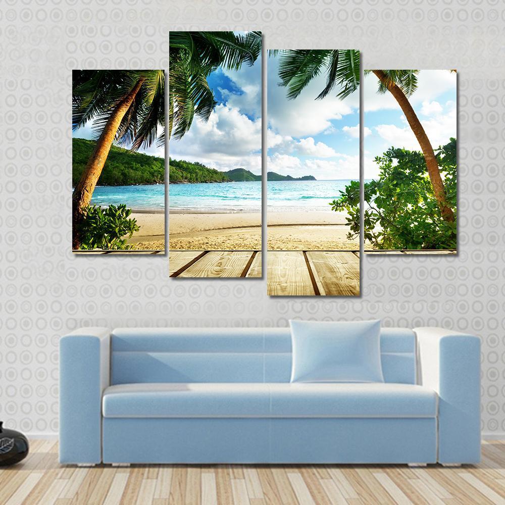 Seychelles Beach &amp; Wooden Pier Canvas Wall Art-4 Pop-Gallery Wrap-50&quot; x 32&quot;-Tiaracle