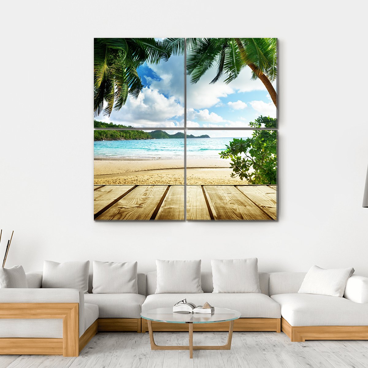 Seychelles Beach &amp; Wooden Pier Canvas Wall Art-4 Square-Gallery Wrap-17" x 17"-Tiaracle