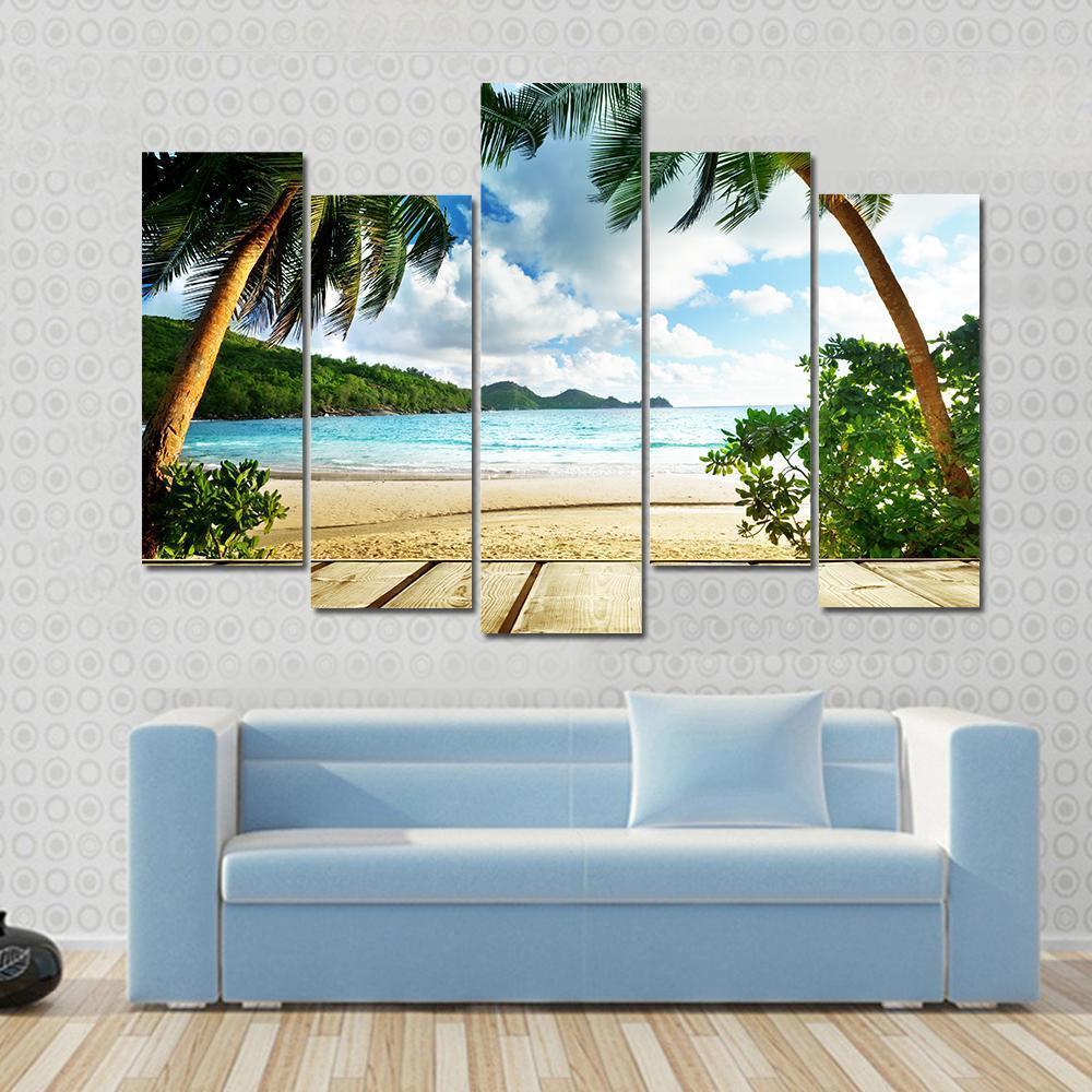 Seychelles Beach & Wooden Pier Canvas Wall Art-5 Pop-Gallery Wrap-47" x 32"-Tiaracle