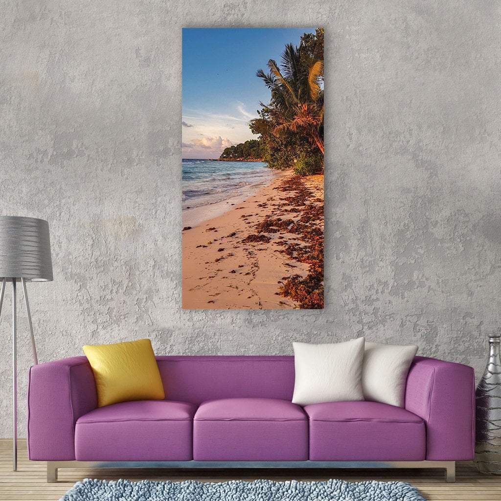 Seychelles Beach At Sunset With Palm Vertical Canvas Wall Art-3 Vertical-Gallery Wrap-12" x 25"-Tiaracle