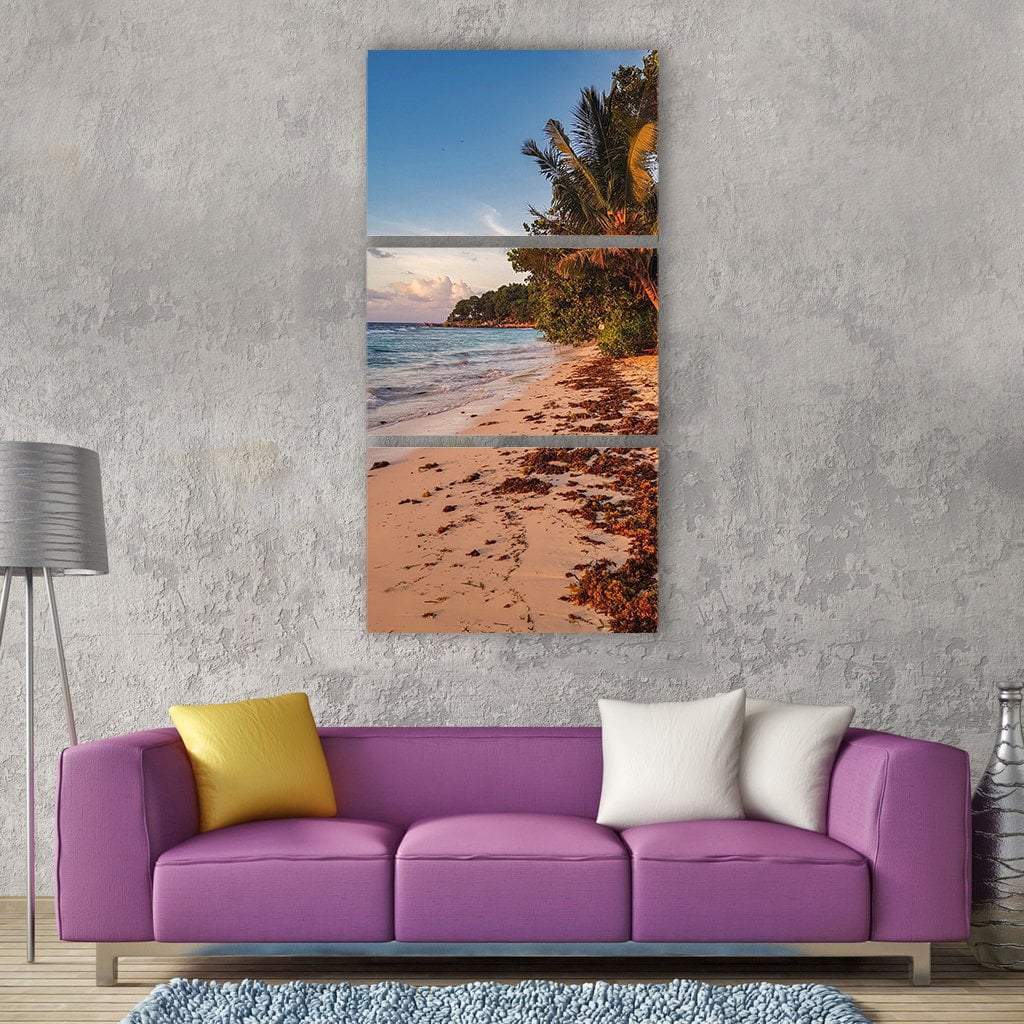 Seychelles Beach At Sunset With Palm Vertical Canvas Wall Art-3 Vertical-Gallery Wrap-12&quot; x 25&quot;-Tiaracle