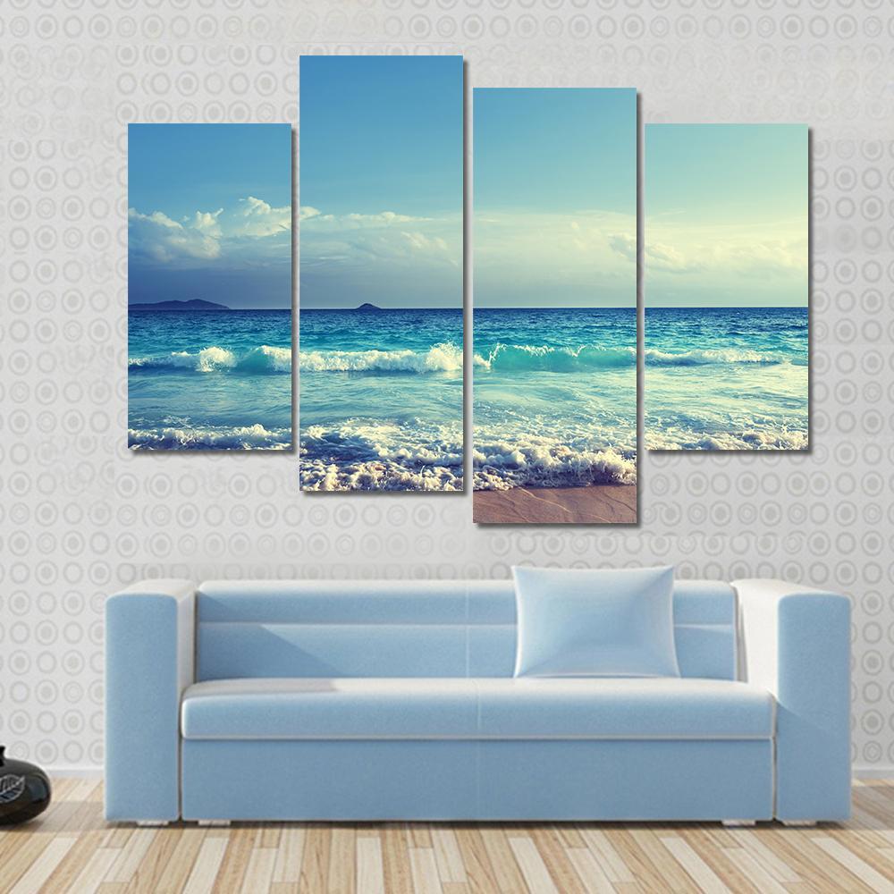 Seychelles Beach In Sunset Time Canvas Wall Art-4 Pop-Gallery Wrap-50" x 32"-Tiaracle