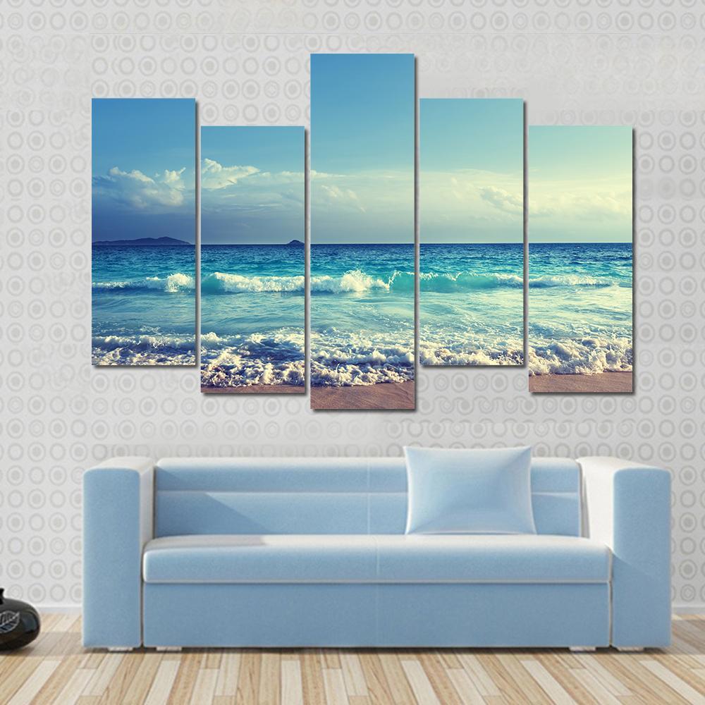 Seychelles Beach In Sunset Time Canvas Wall Art-5 Pop-Gallery Wrap-47" x 32"-Tiaracle
