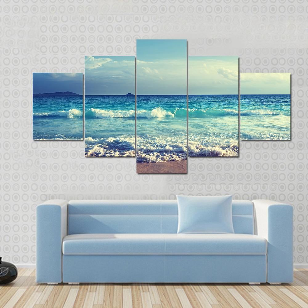 Seychelles Beach In Sunset Time Canvas Wall Art-5 Star-Gallery Wrap-62" x 32"-Tiaracle